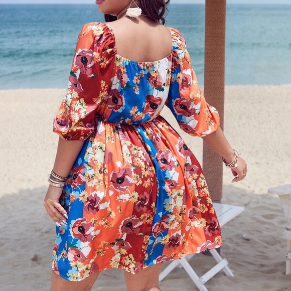 Boho Plus Floral Print Puff Sleeve Vibrant Mini Dress - Picture 4 of 5